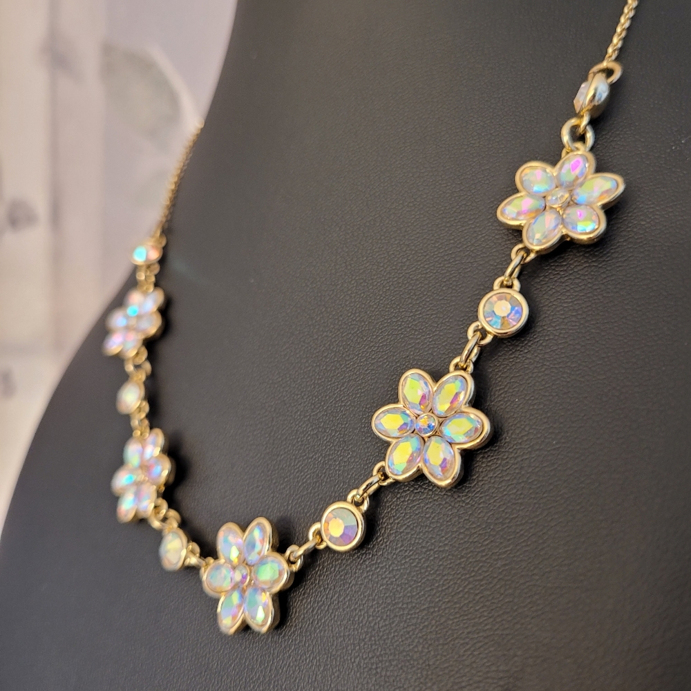 MONET Floral Aurora Crystal Gold Tone Adjustable Necklace